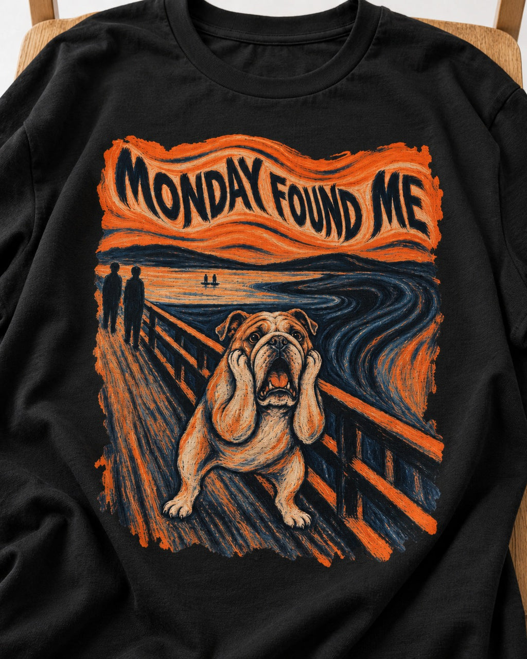 English Bulldog Monday Found Me Scream Graphic T-Shirt in Black, close-up of the graphic