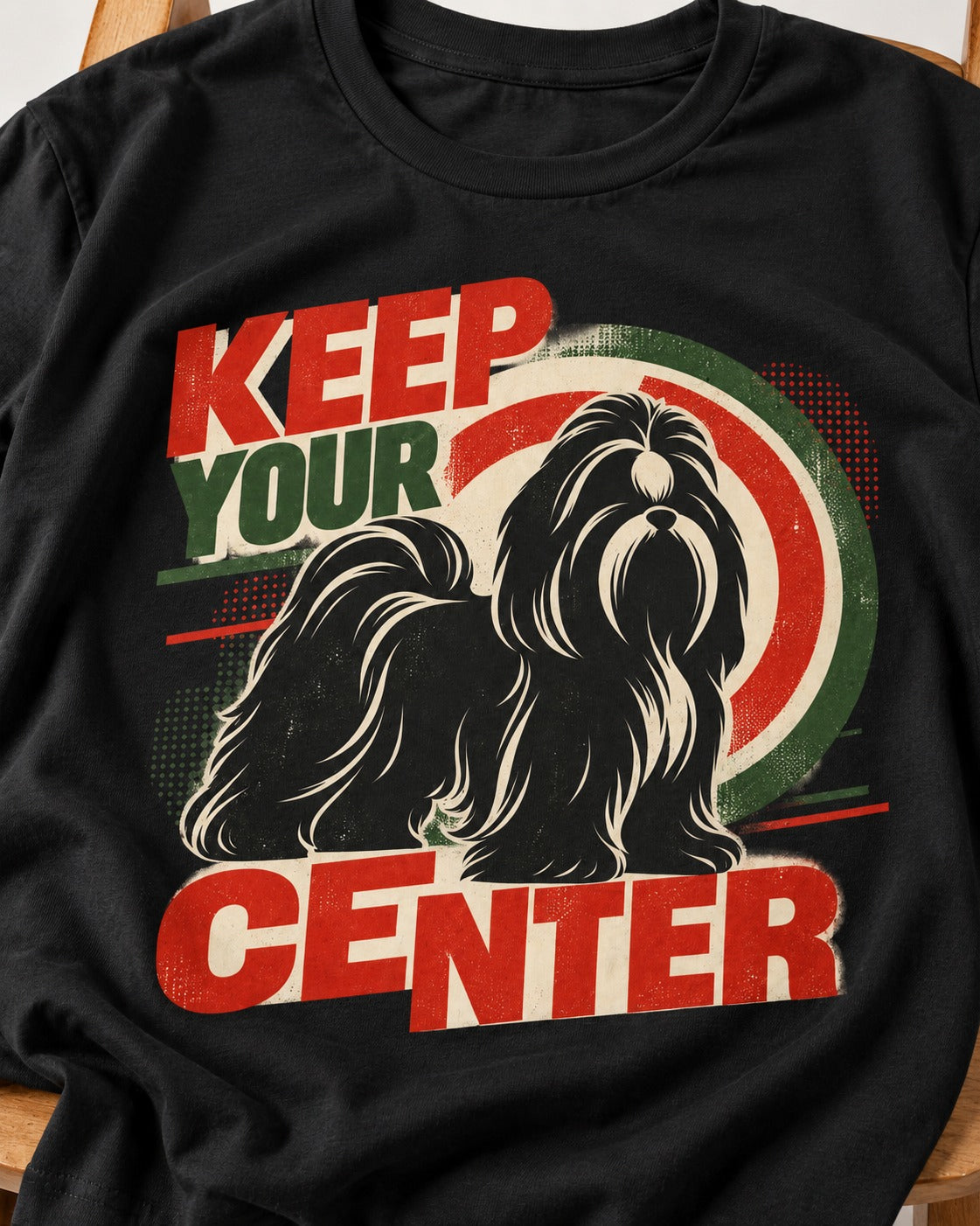 Shih Tzu Keep Your Center Retro Target Graphic T-Shirt in Black, close-up of the graphic