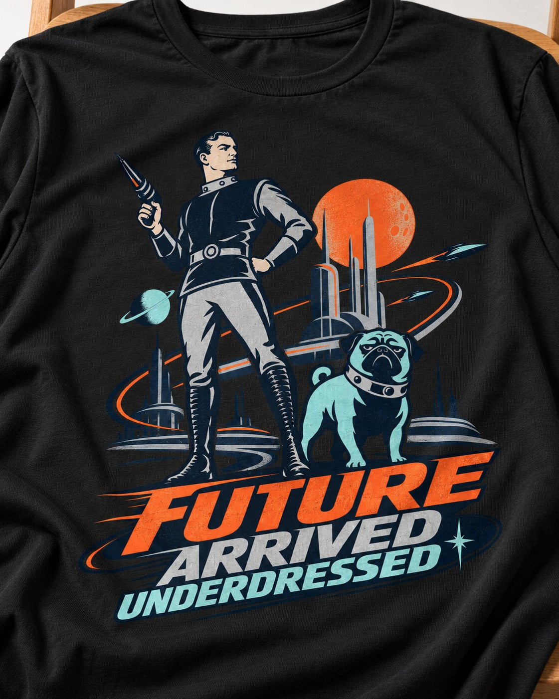 Pug Future Arrived Underdressed Space Hero Graphic T-Shirt in Black, close-up of the graphic
