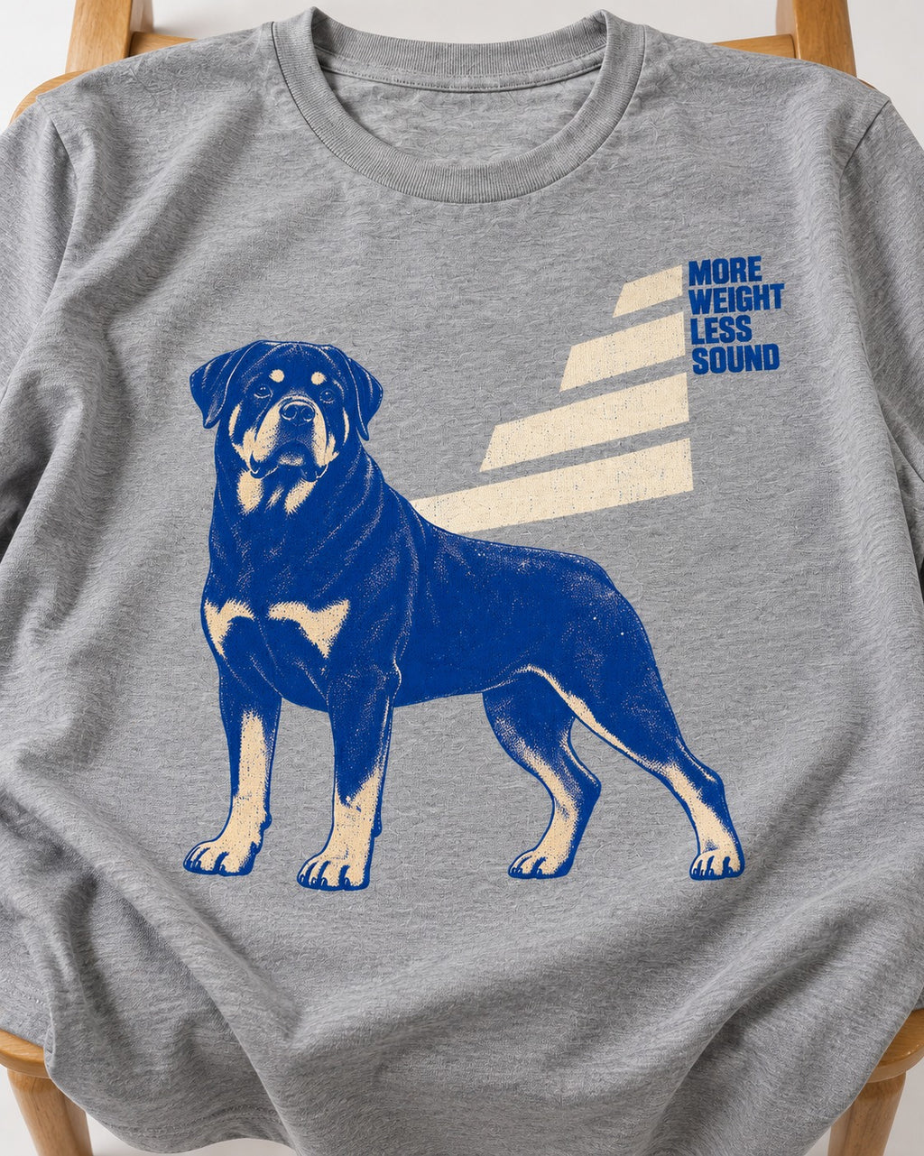 Rottweiler More Weight Less Sound Stair Step Graphic T-Shirt in Sport Grey, close-up of the graphic