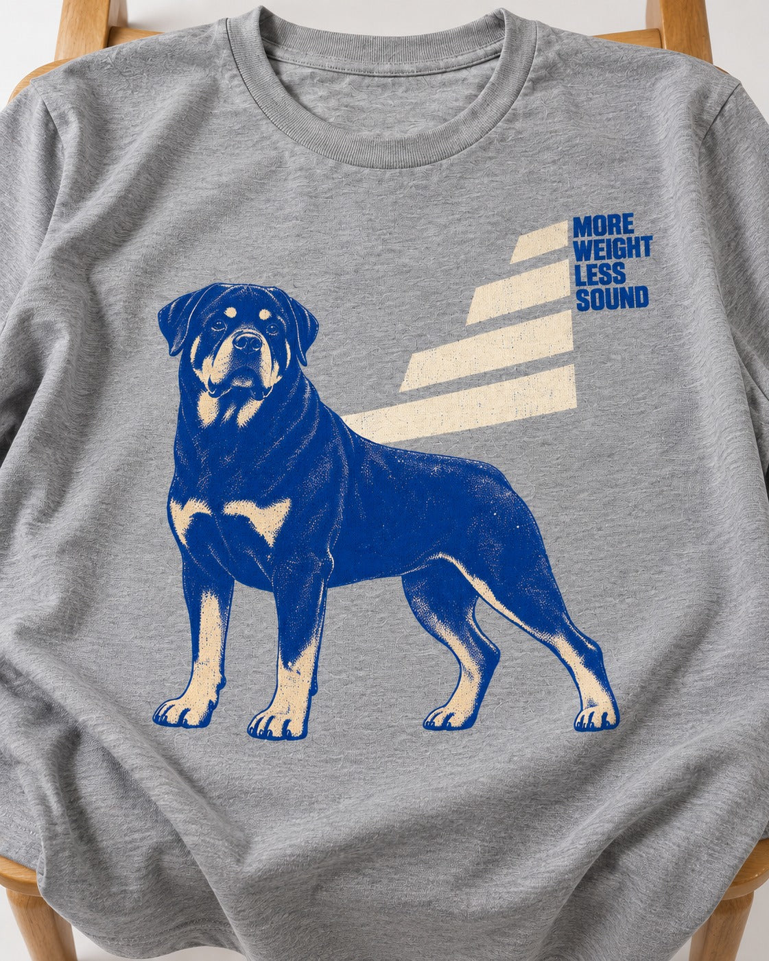 Rottweiler More Weight Less Sound Stair Step Graphic T-Shirt in Sport Grey, close-up of the graphic