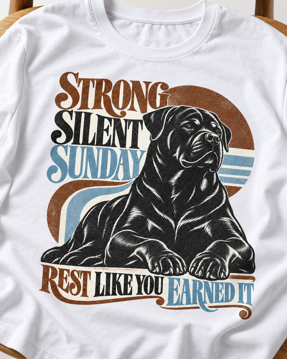 Strong Silent Sunday Rottweiler T-Shirt in White, close-up of the graphic