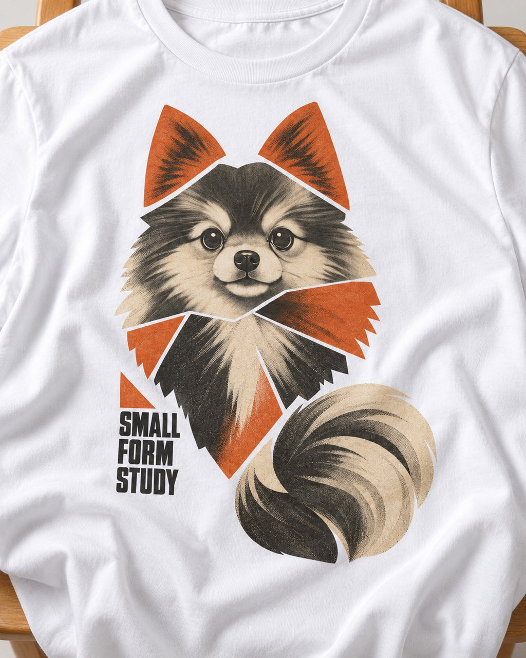 Pomeranian Small Form Study T-Shirt in White, close-up of the graphic