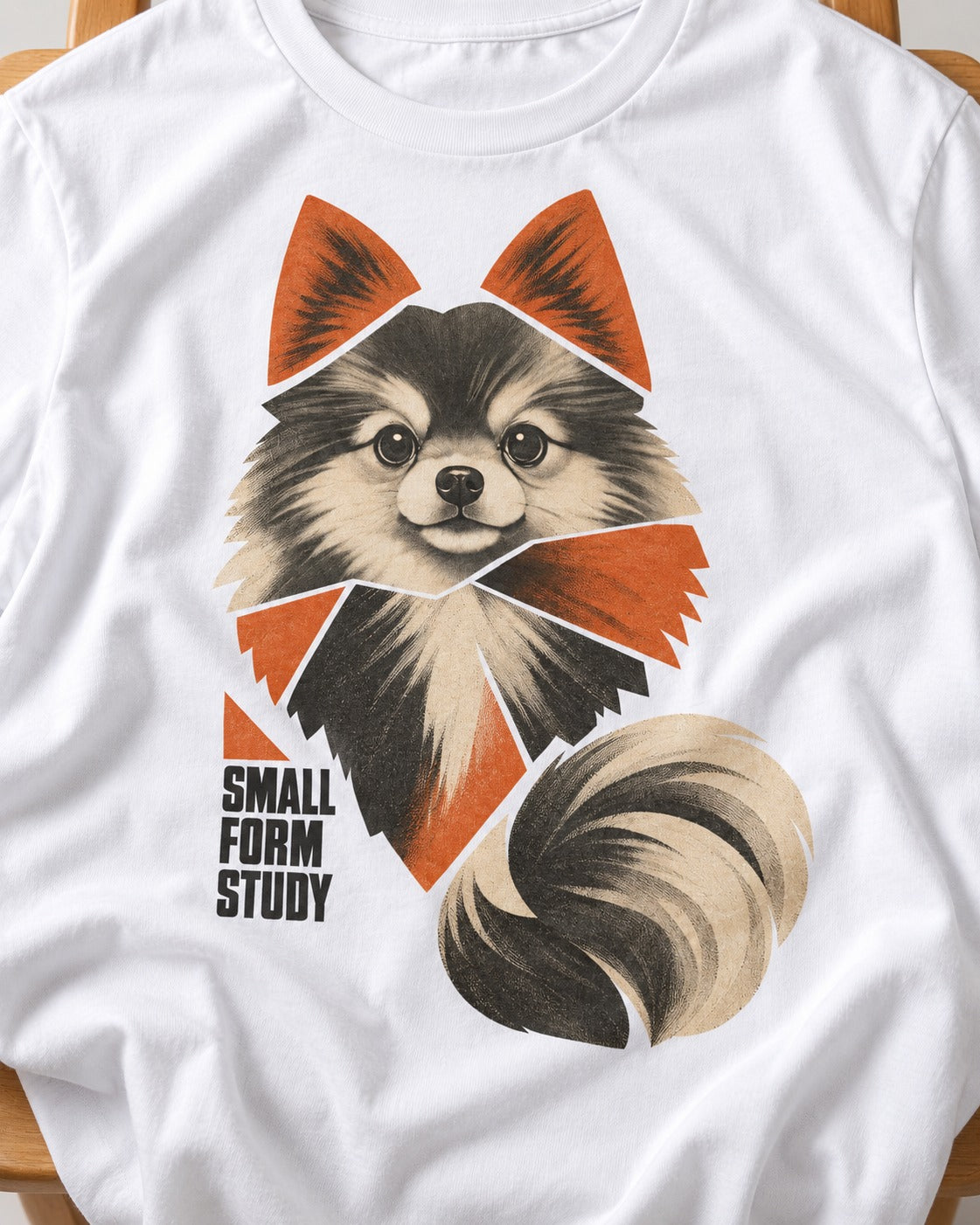 Pomeranian Small Form Study T-Shirt in White, close-up of the graphic