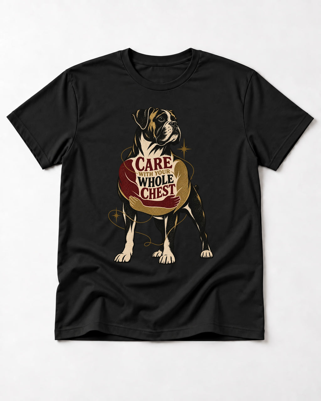 Boxer Care With Your Whole Chest T-Shirt in Black, flat lay product photo