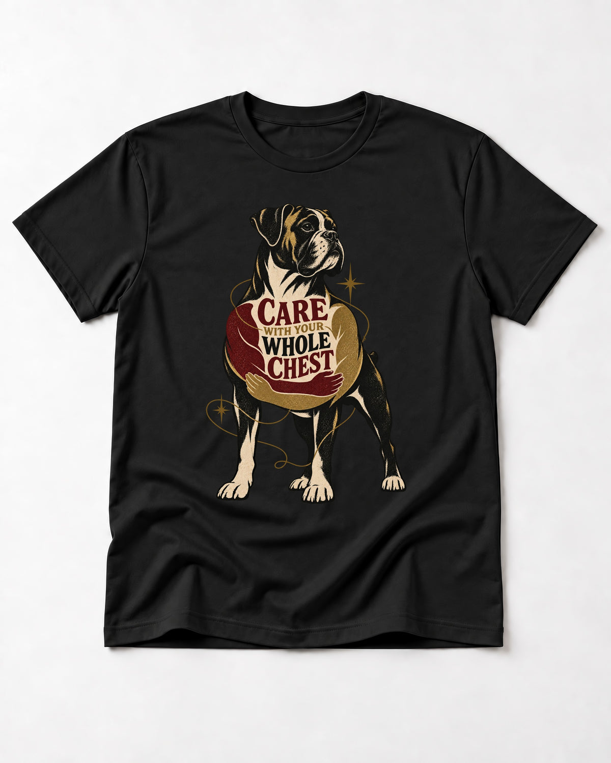 Boxer Care With Your Whole Chest T-Shirt in Black, flat lay product photo