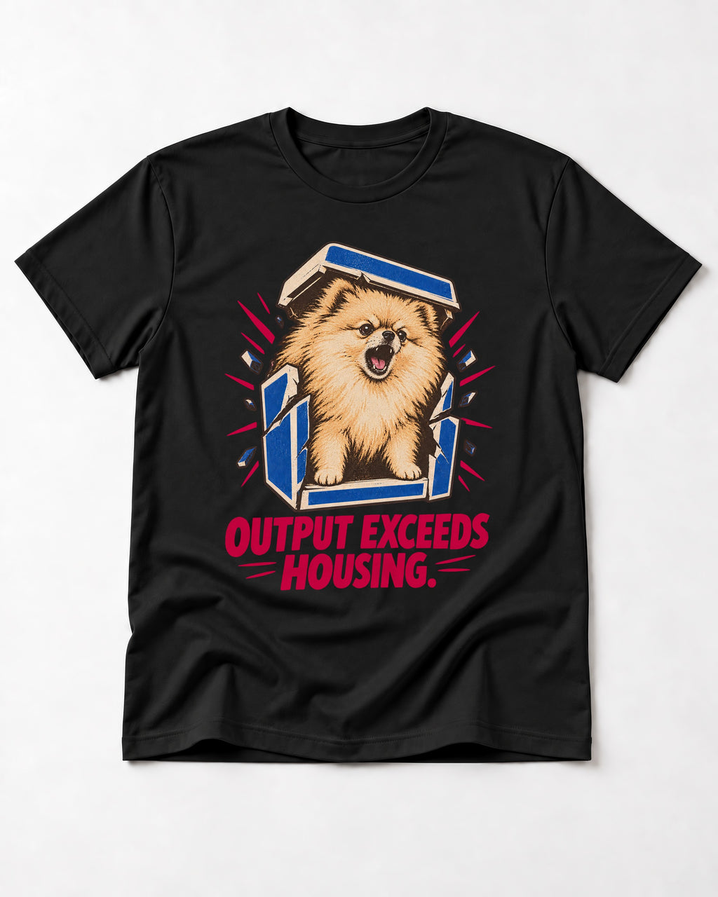 Pomeranian Output Exceeds Housing Bark Compression Graphic T-Shirt in Black, flat lay product photo