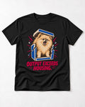 Pomeranian Output Exceeds Housing Bark Compression Graphic T-Shirt in Black, flat lay product photo