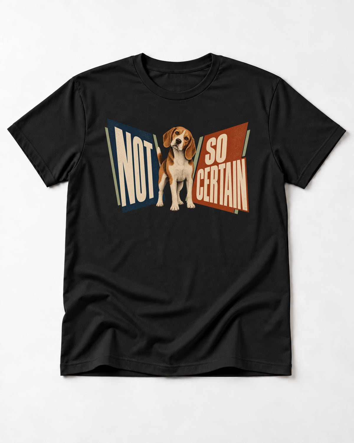 Beagle Not So Certain Retro Panel Graphic T-Shirt in Black, flat lay product photo