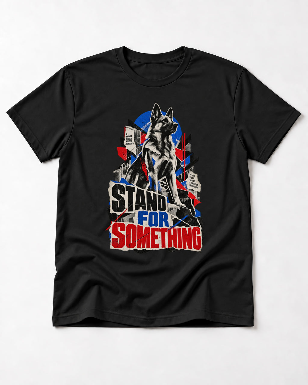 Stand For Something Brutalist Collage German Shepherd Dog Graphic T-Shirt in Black, flat lay product photo
