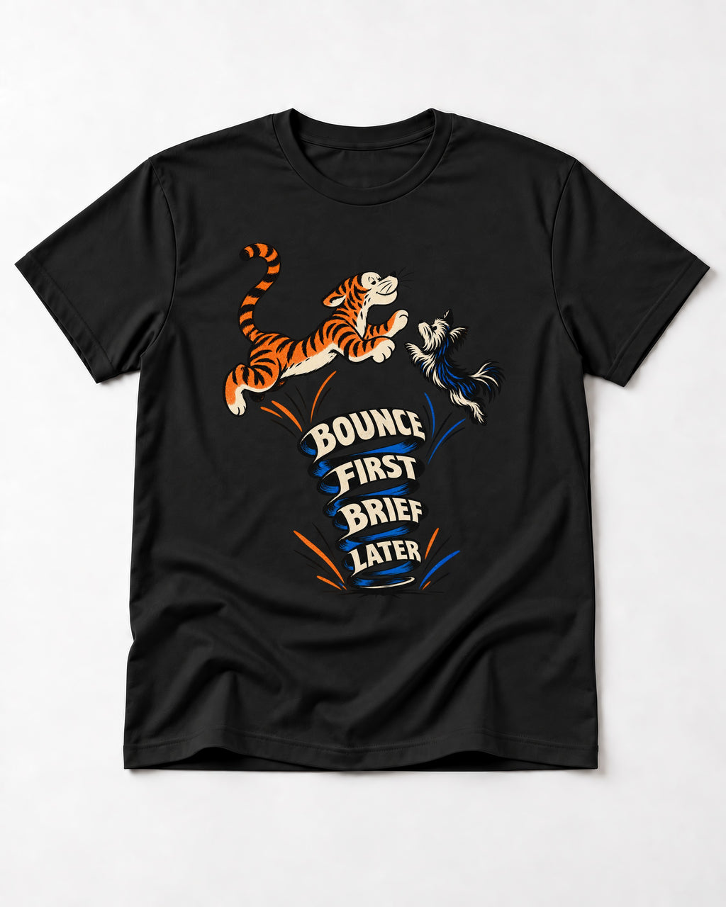 Yorkshire Terrier Bounce First Brief Later Tiger Graphic T-Shirt in Black, flat lay product photo