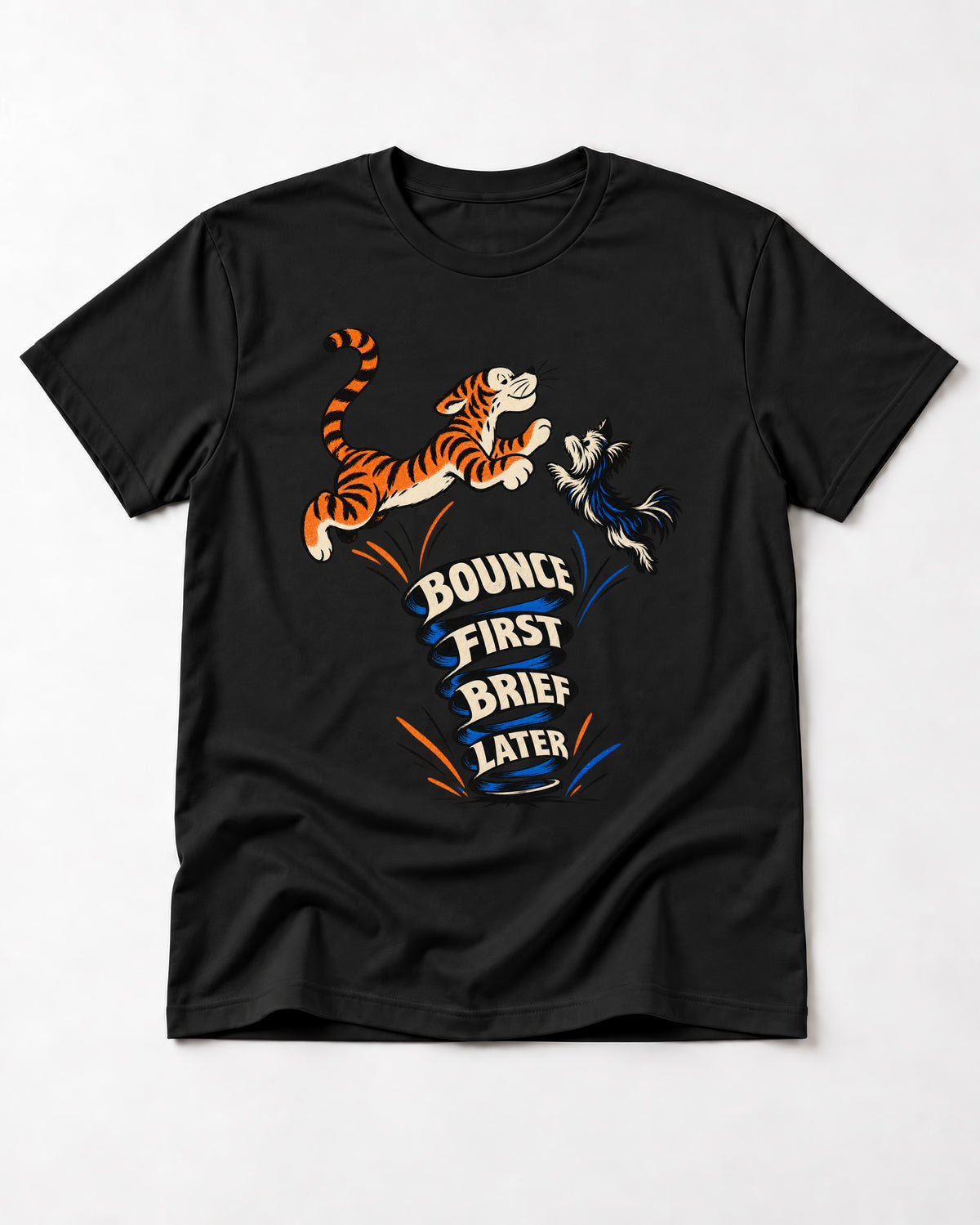 Yorkshire Terrier Bounce First Brief Later Tiger Graphic T-Shirt in Black, flat lay product photo