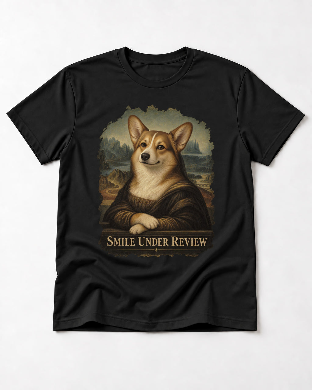 Corgi Smile Under Review Mona Lisa Portrait T-Shirt in Black, flat lay product photo