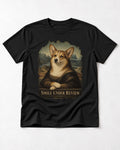 Corgi Smile Under Review Mona Lisa Portrait T-Shirt in Black, flat lay product photo
