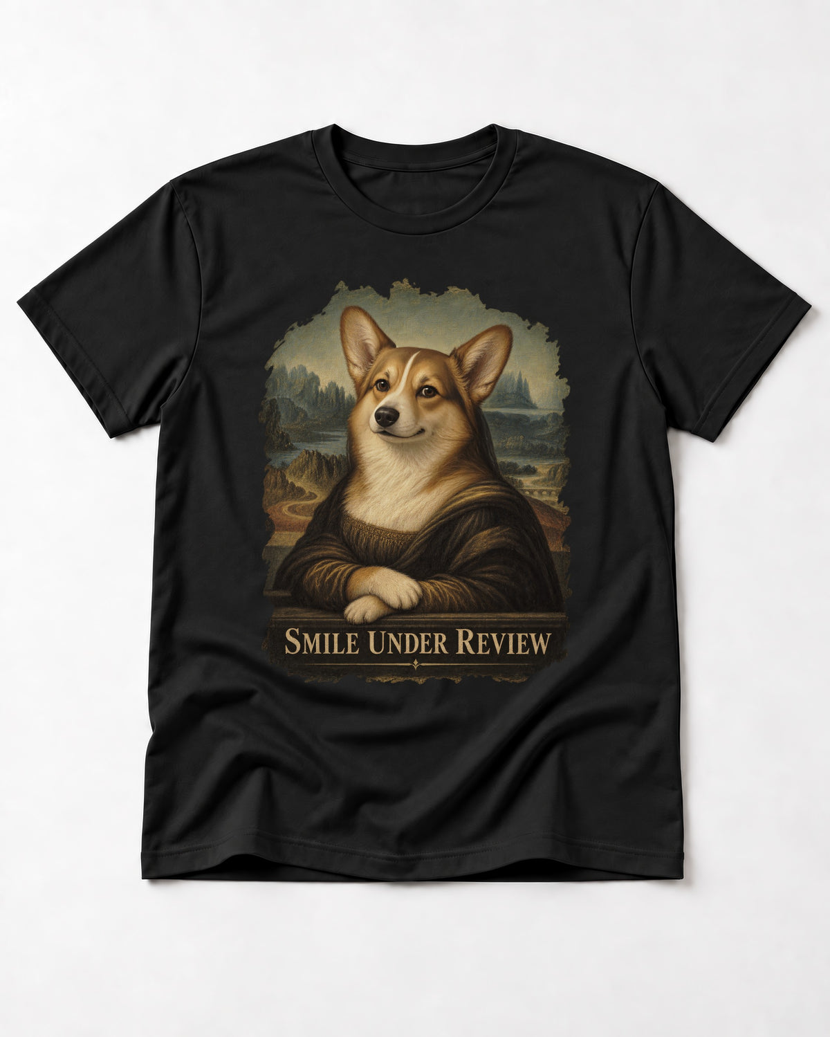 Corgi Smile Under Review Mona Lisa Portrait T-Shirt in Black, flat lay product photo