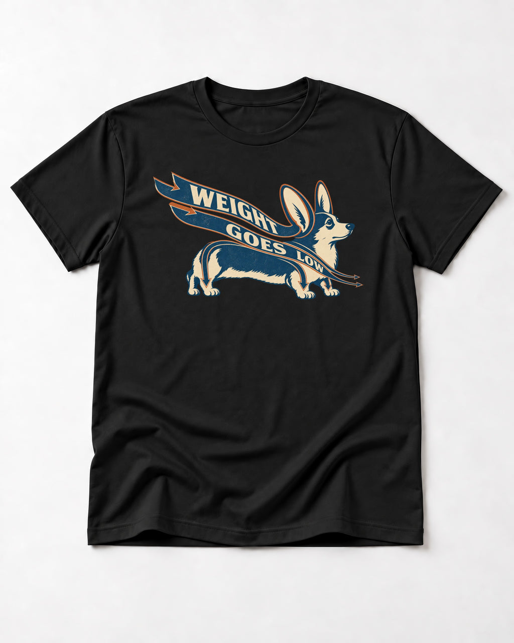 Corgi Weight Goes Low Ribbon Arrow Graphic T-Shirt in Black, flat lay product photo