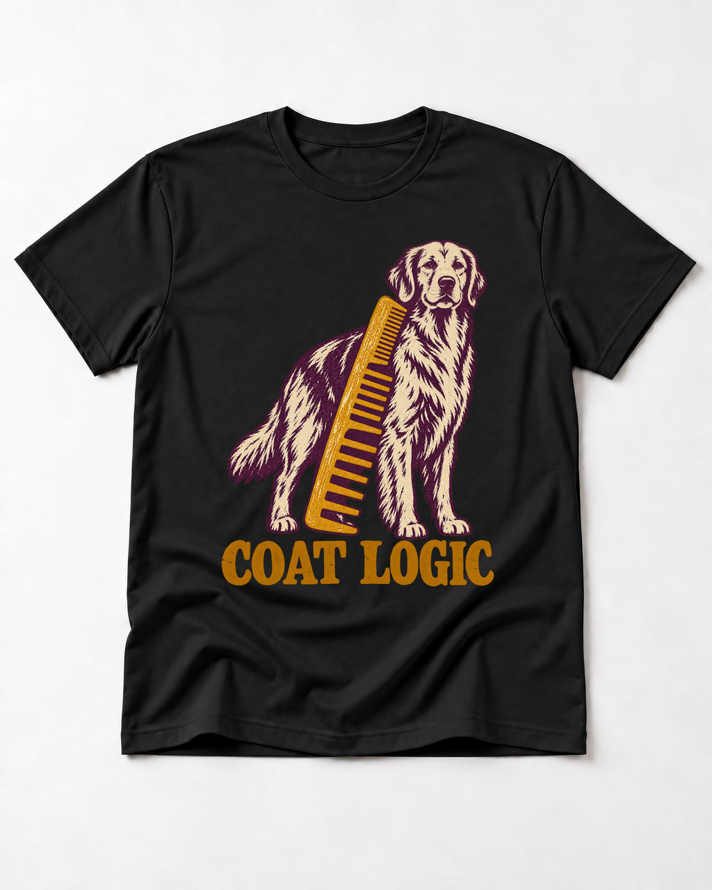 Golden Retriever Coat Logic Grooming Gauge Graphic T-Shirt in Black, flat lay product photo