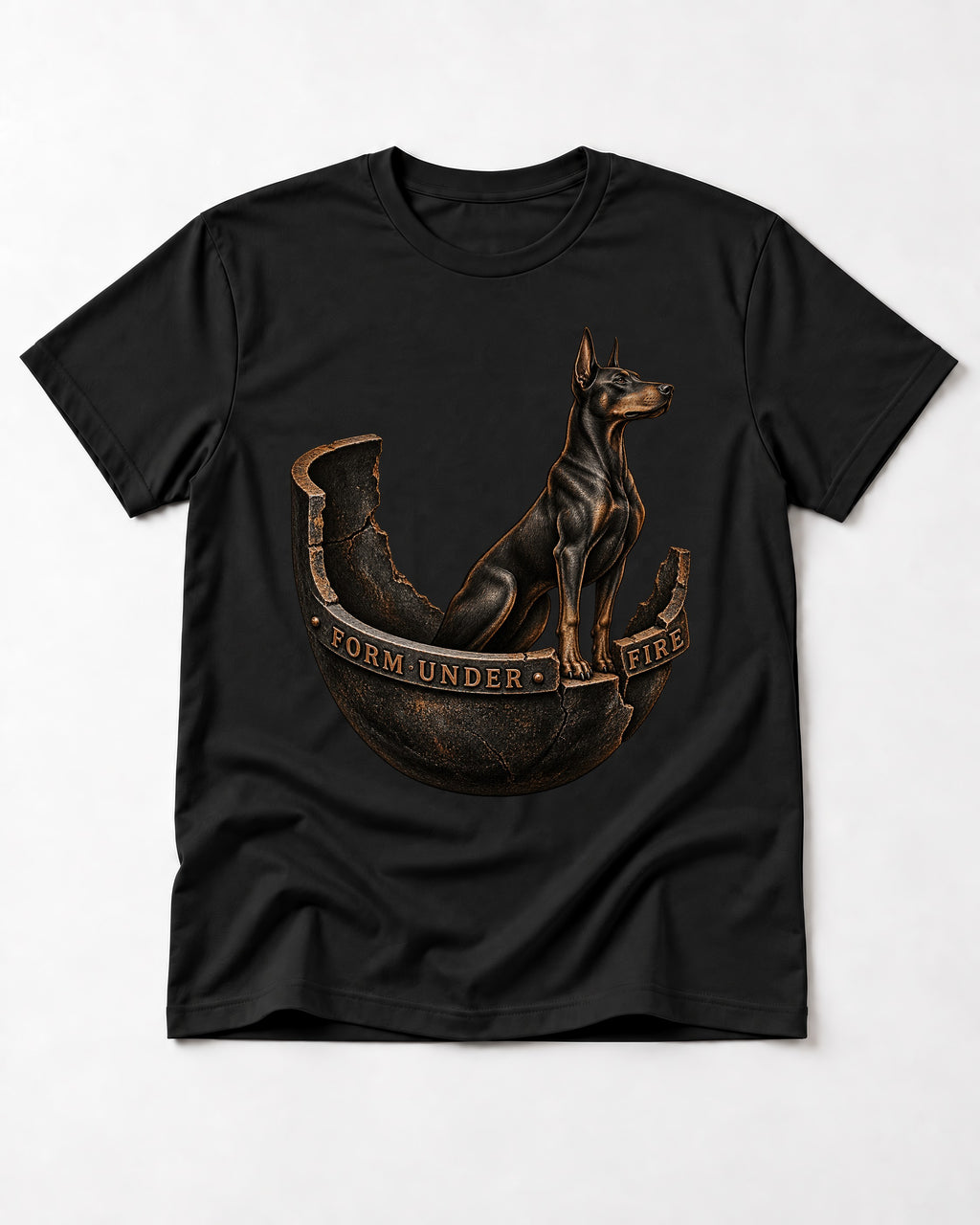 Doberman Form Under Fire Broken Shell Graphic T-Shirt in Black, flat lay product photo