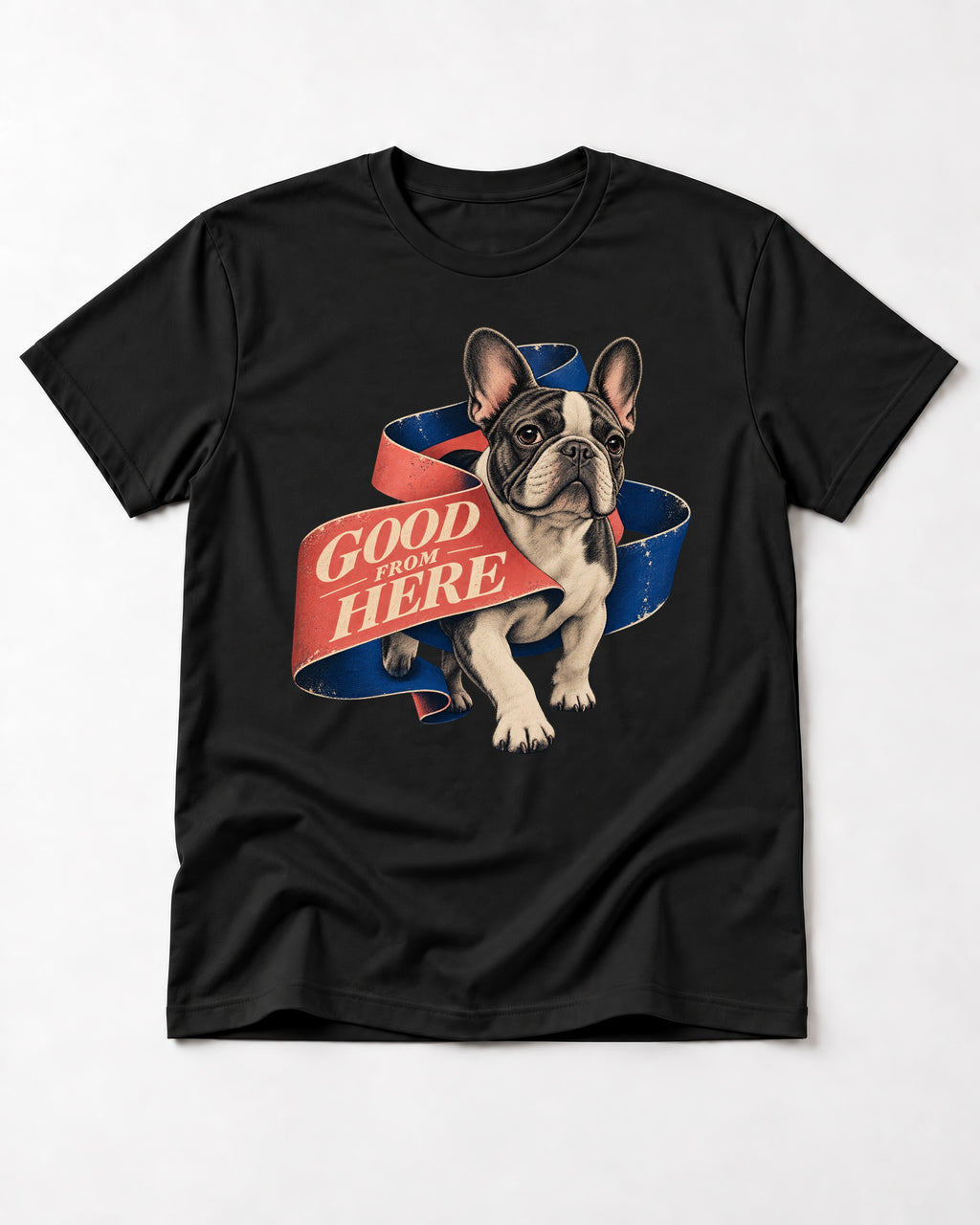 Frenchie Good From Here Ribbon Graphic T-Shirt in Black, flat lay product photo