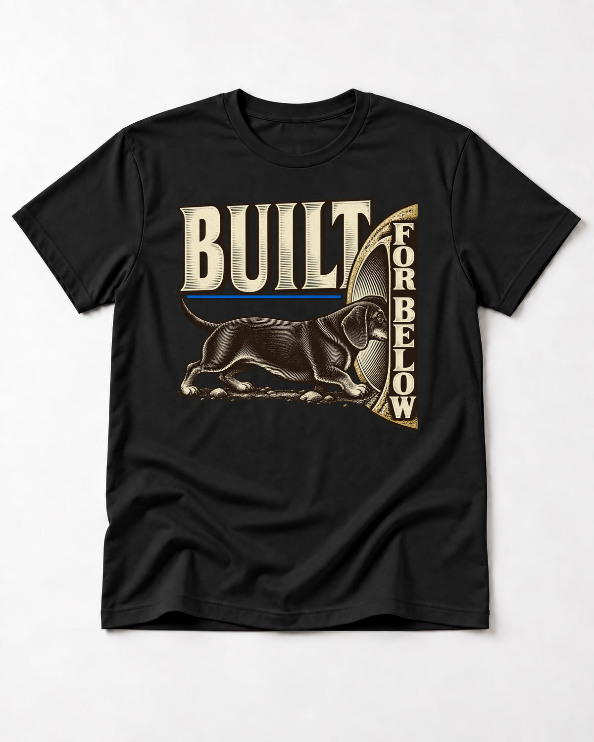 Dachshund Built for Below Vintage Burrow Graphic T-Shirt in Black, flat lay product photo
