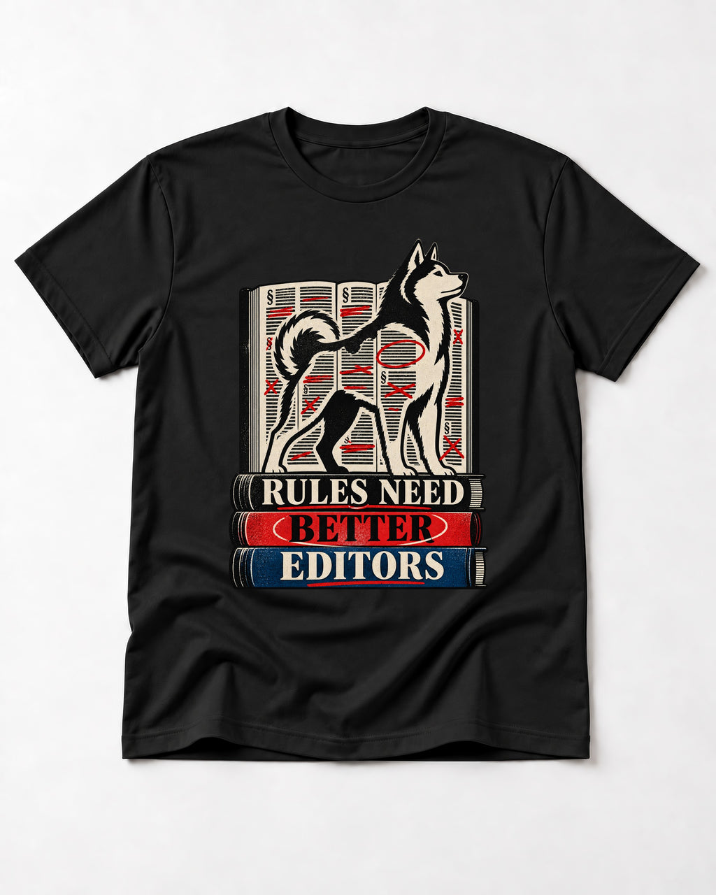 Husky Rules Need Better Editors Book Stack Graphic T-Shirt in Black, flat lay product photo