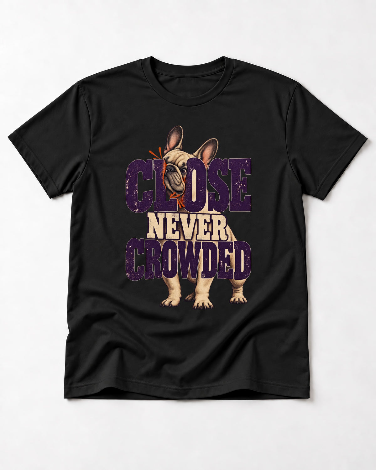 Frenchie Close Never Crowded Peekaboo Type Graphic T-Shirt in Black, flat lay product photo