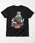 Golden Retriever Jacket On Consequences Off Rabbit Chase Graphic T-Shirt in Black, flat lay product photo