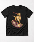 Labrador Retriever Pause at Speed Ribbon Graphic T-Shirt in Black, flat lay product photo