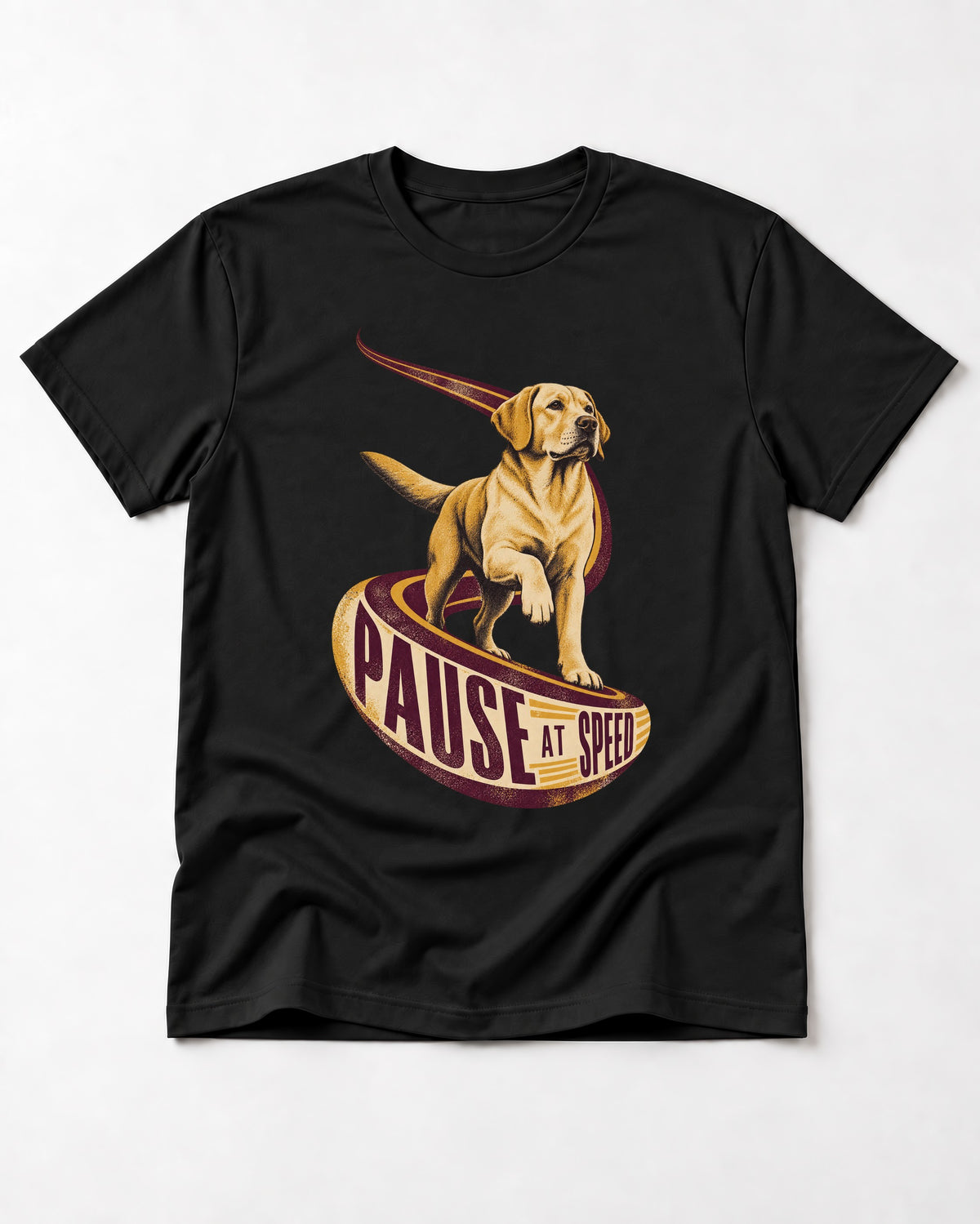 Labrador Retriever Pause at Speed Ribbon Graphic T-Shirt in Black, flat lay product photo