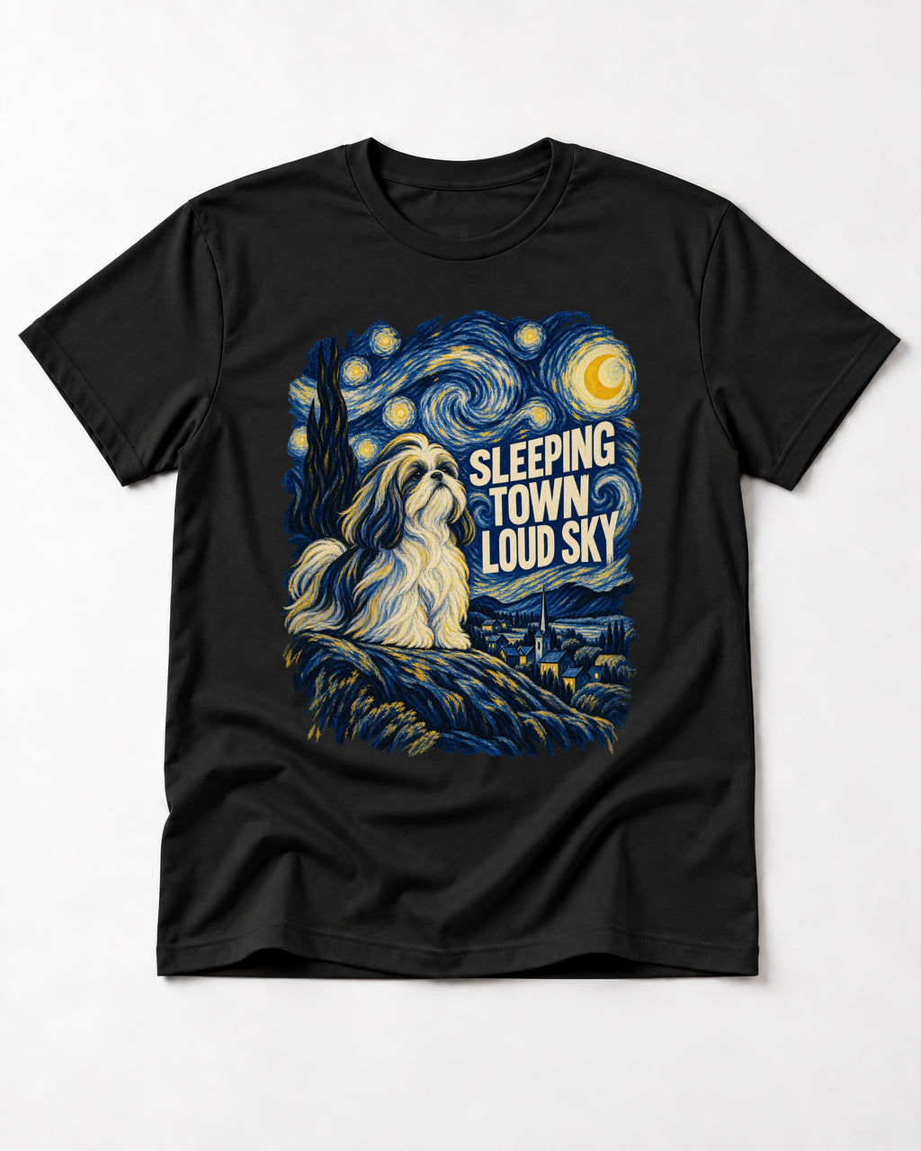 Shih Tzu Sleeping Town Loud Sky Swirling Night Graphic T-Shirt in Black, flat lay product photo