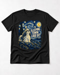 Shih Tzu Sleeping Town Loud Sky Swirling Night Graphic T-Shirt in Black, flat lay product photo
