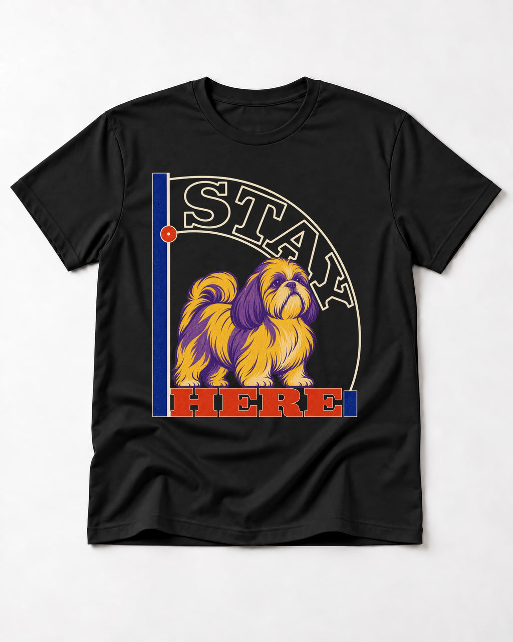 Shih Tzu Stay Here Semicircle Sign Graphic T-Shirt in Black, flat lay product photo