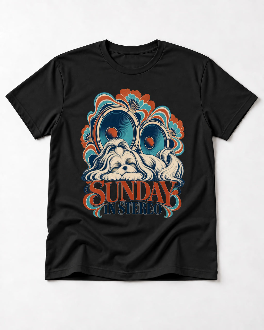 Shih Tzu Sunday in Stereo Retro Speaker Graphic T-Shirt in Black, flat lay product photo