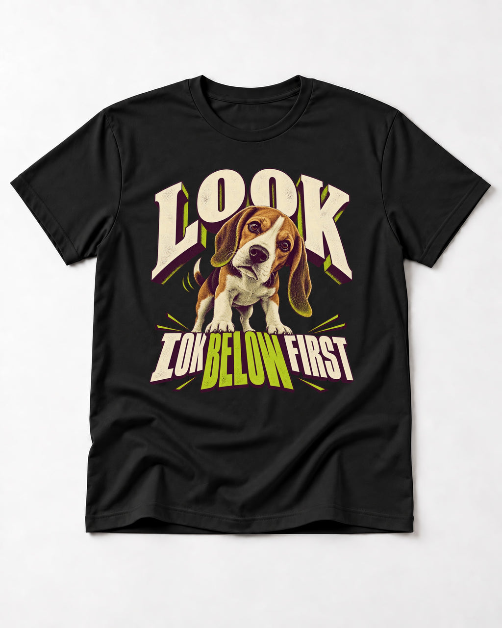 Beagle Look Low Below First T-Shirt in Black, flat lay product photo