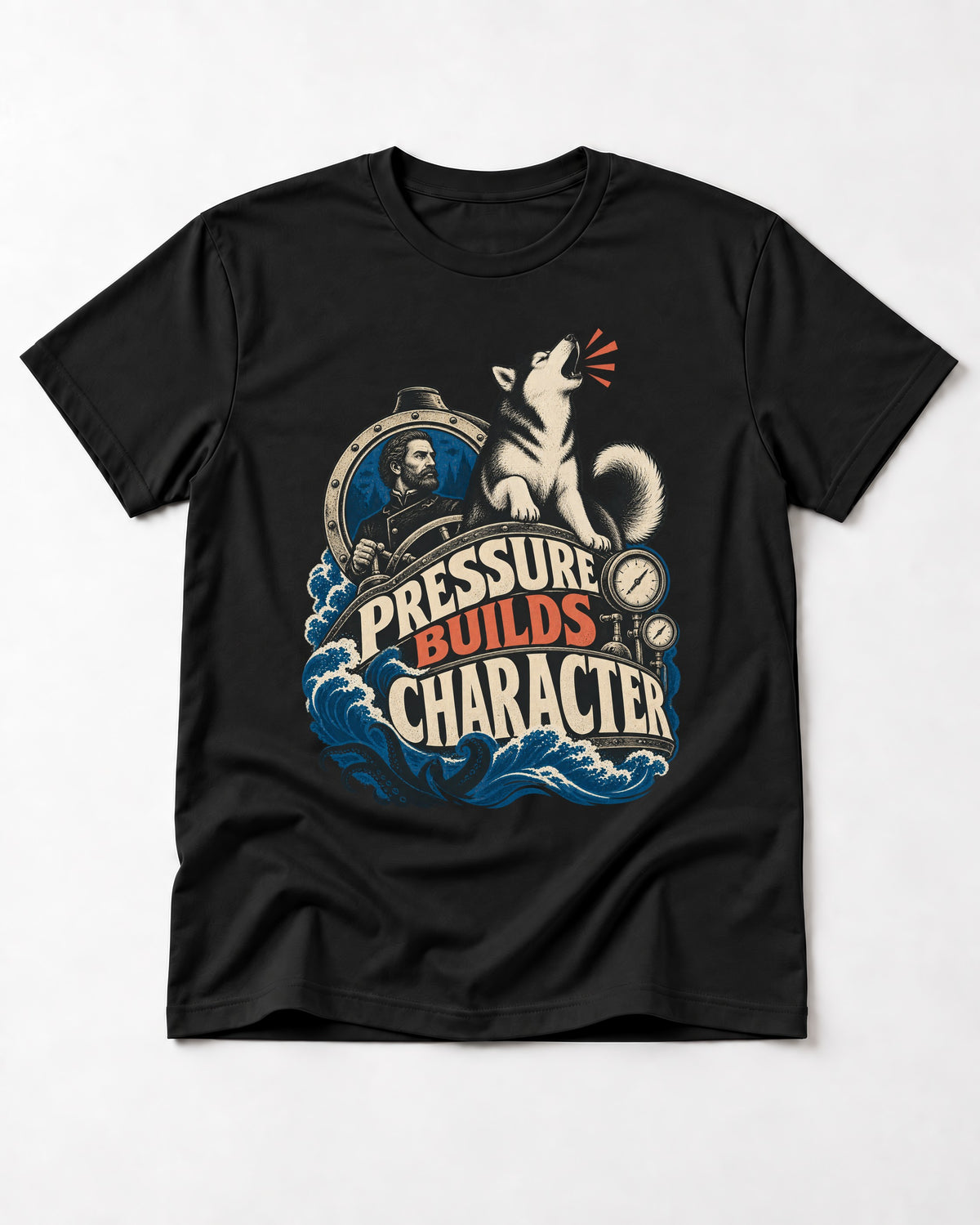 Husky Pressure Builds Character Deep Sea Graphic T-Shirt in Black, flat lay product photo