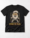 Pomeranian Outside the Frame Breakthrough Graphic T-Shirt in Black, flat lay product photo