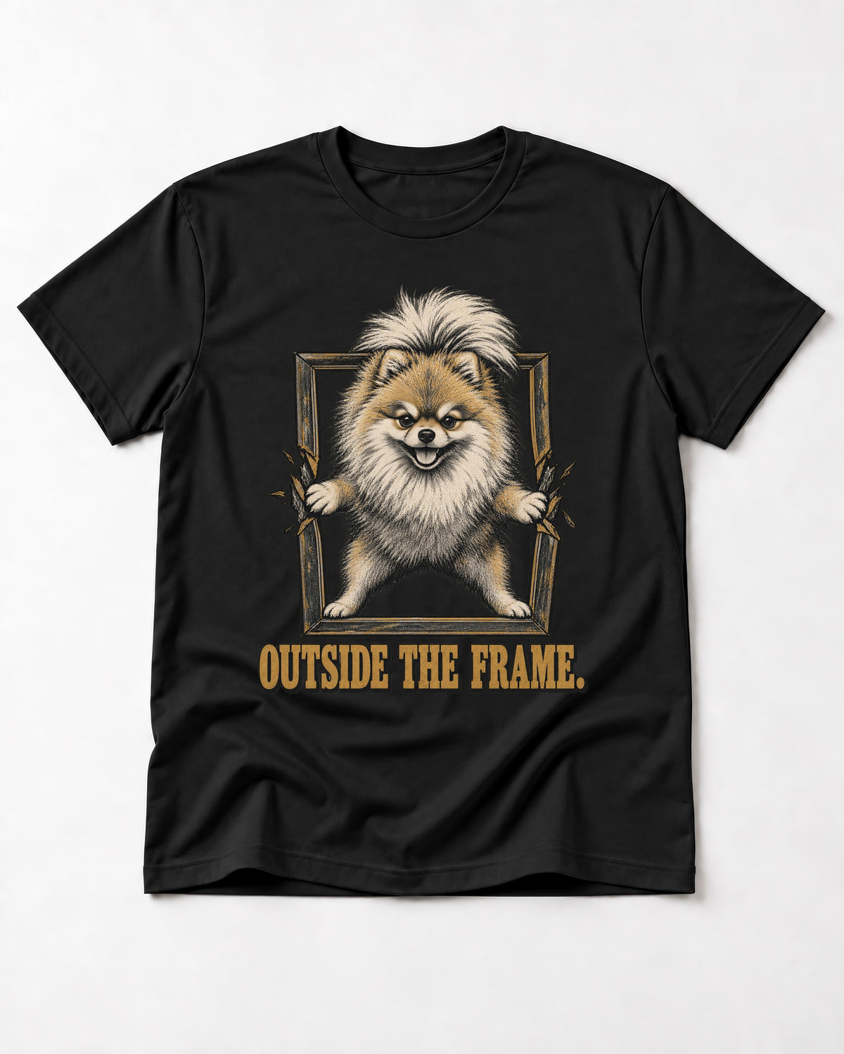 Pomeranian Outside the Frame Breakthrough Graphic T-Shirt in Black, flat lay product photo