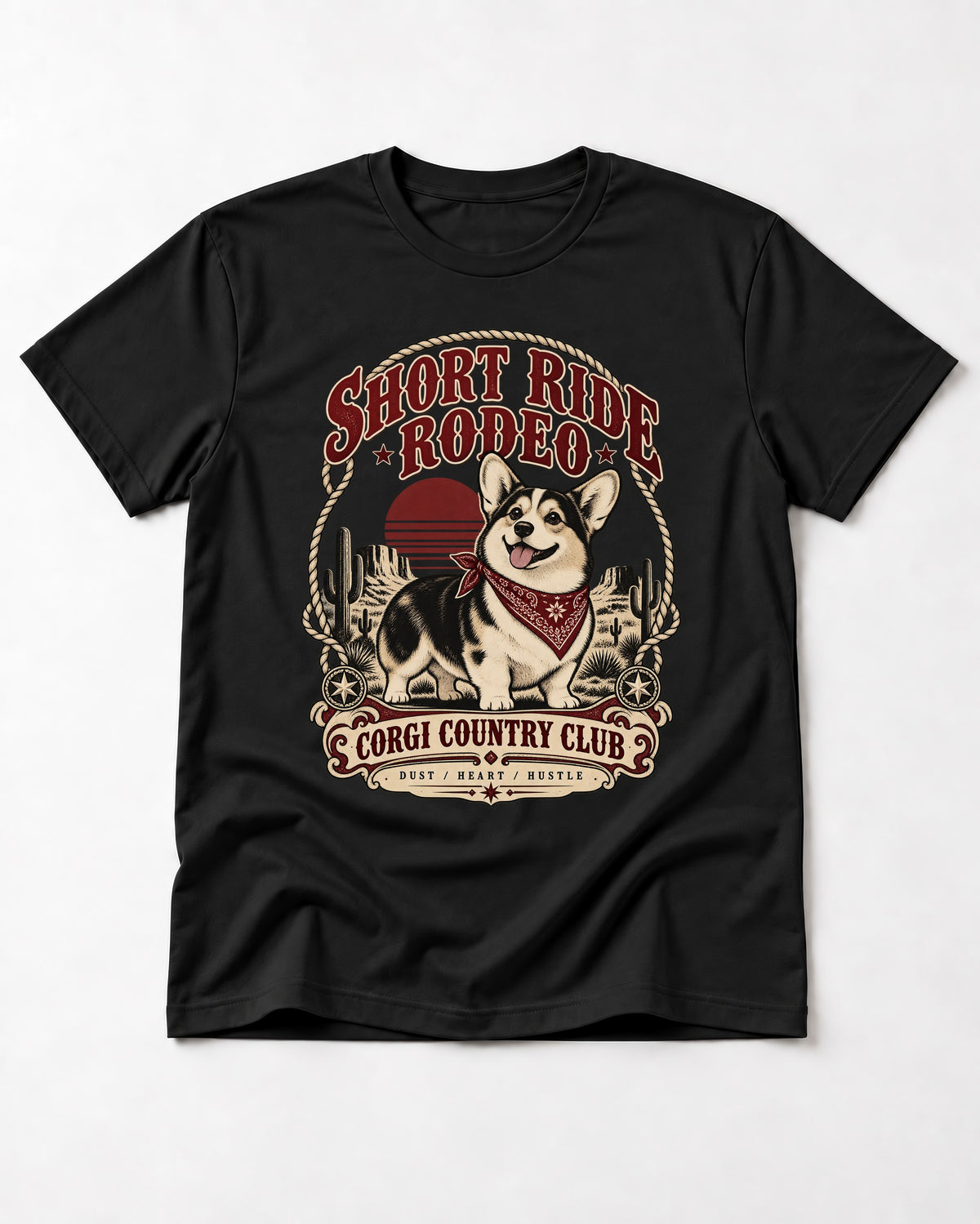 Corgi Short Ride Rodeo Country Club Badge T-Shirt in Black, flat lay product photo