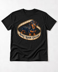 Dachshund Make Room Please Measuring Tape Graphic T-Shirt in Black, flat lay product photo