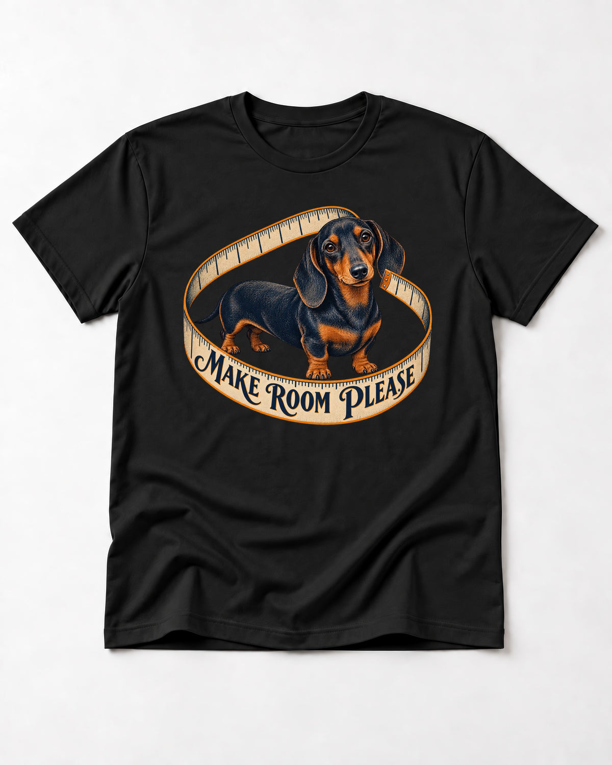 Dachshund Make Room Please Measuring Tape Graphic T-Shirt in Black, flat lay product photo