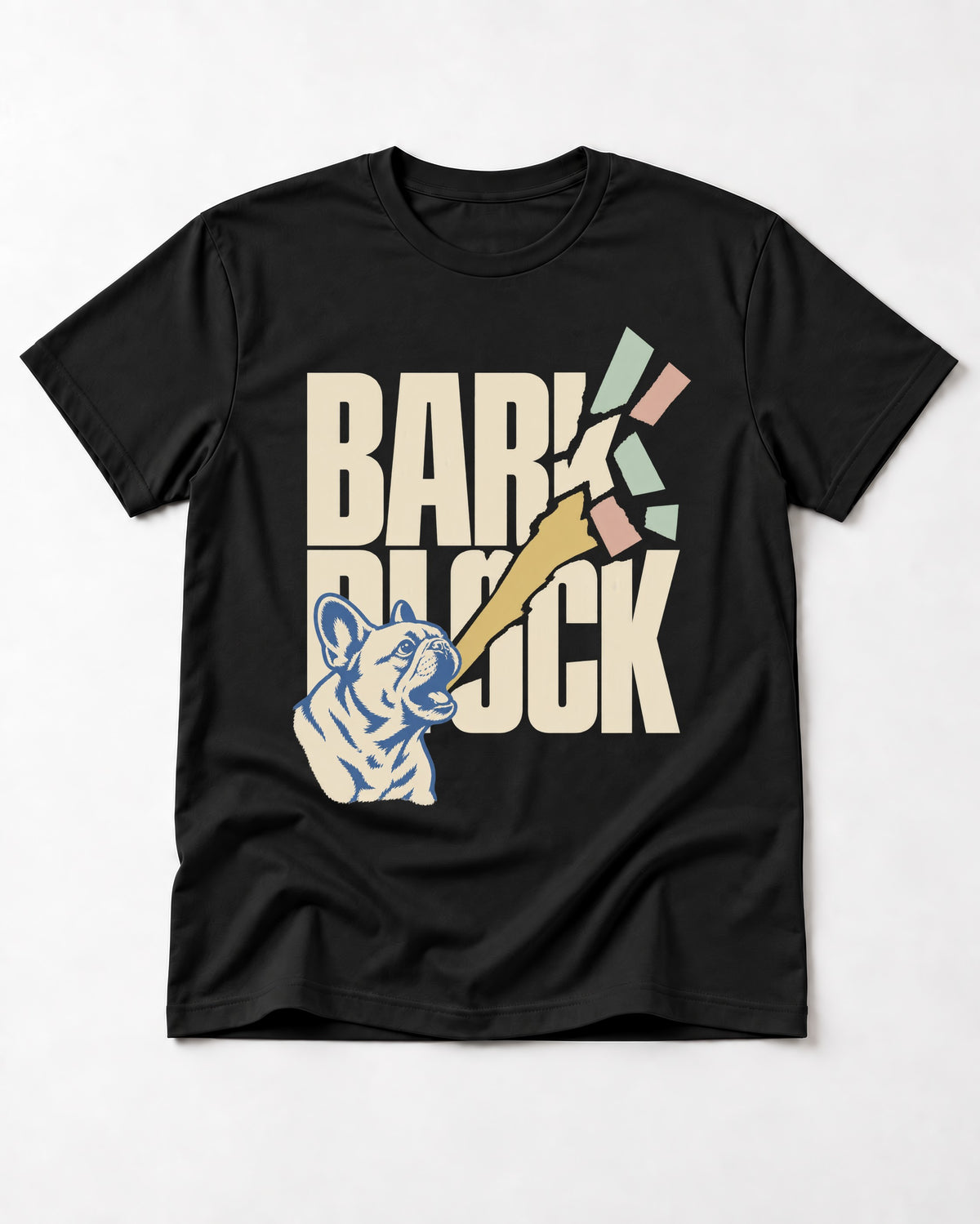 Frenchie Bark Breaks Bark Block Graphic T-Shirt in Black, flat lay product photo