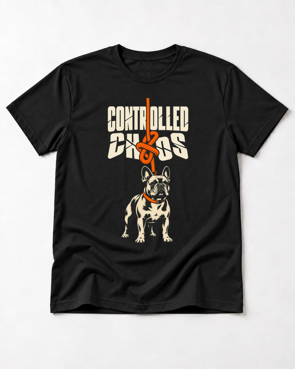 Frenchie Controlled Chaos Leash Knot Graphic T-Shirt in Black, flat lay product photo