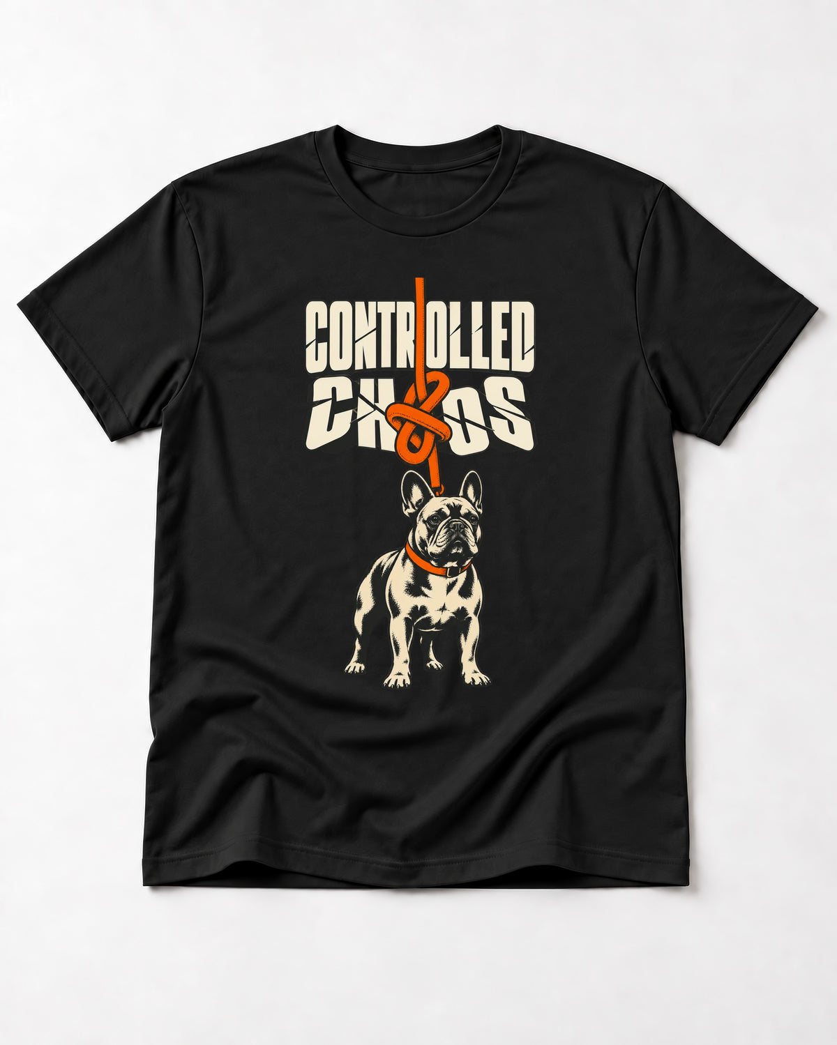 Frenchie Controlled Chaos Leash Knot Graphic T-Shirt in Black, flat lay product photo
