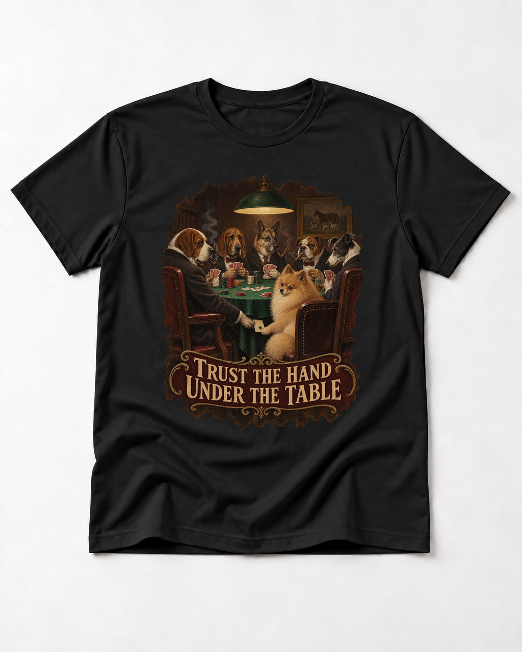 Pomeranian Trust the Hand Under the Table Poker Dogs Graphic T-Shirt in Black, flat lay product photo