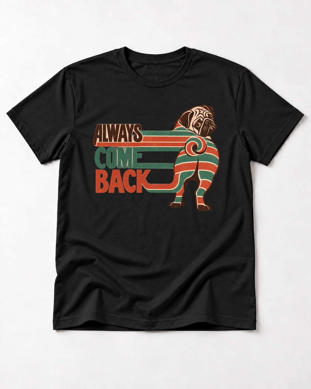 Pug Always Come Back Striped Body Graphic T-Shirt in Black, flat lay product photo