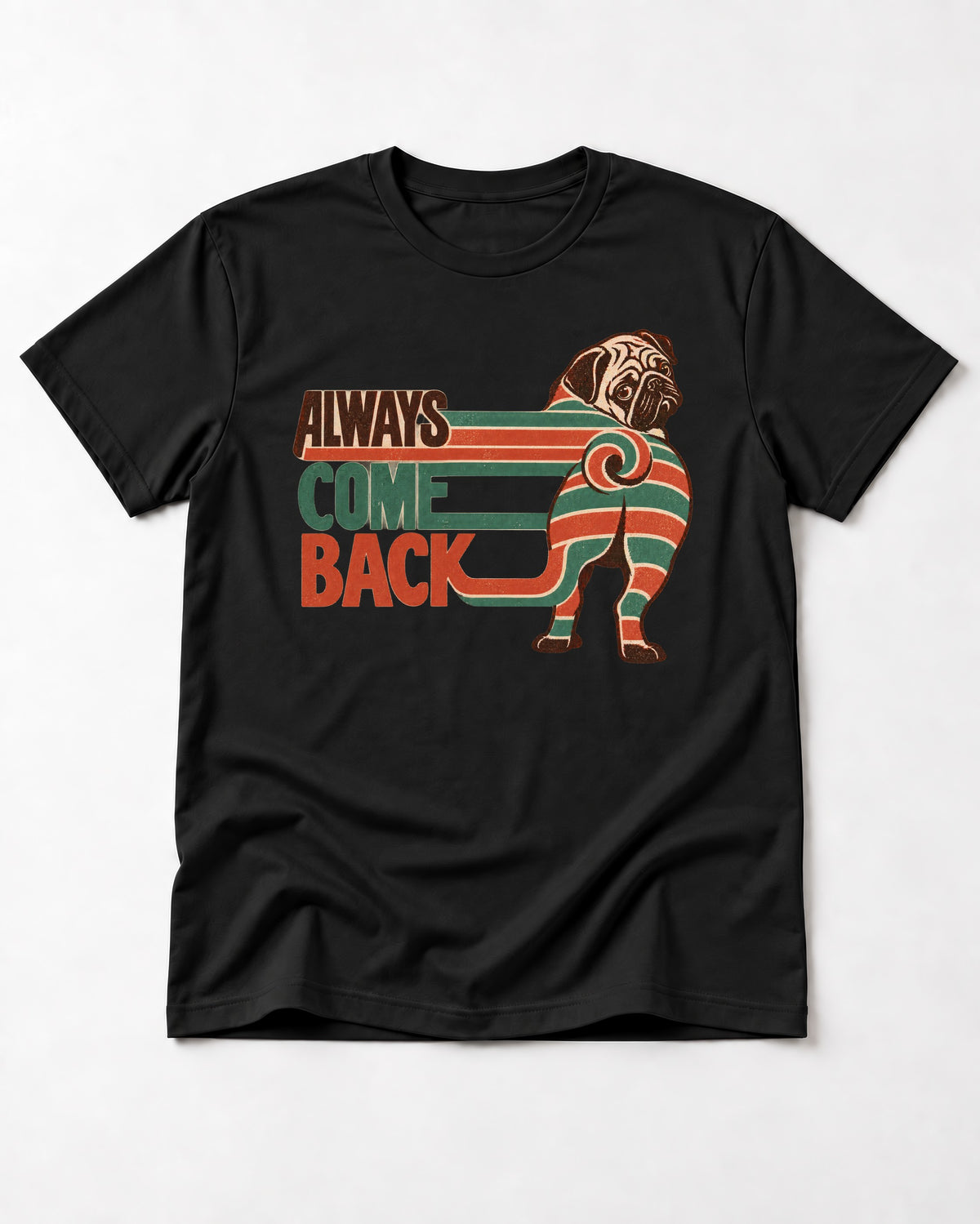 Pug Always Come Back Striped Body Graphic T-Shirt in Black, flat lay product photo