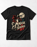 Husky Mask On Schedule Off Masked Swordsman Graphic T-Shirt in Black, flat lay product photo