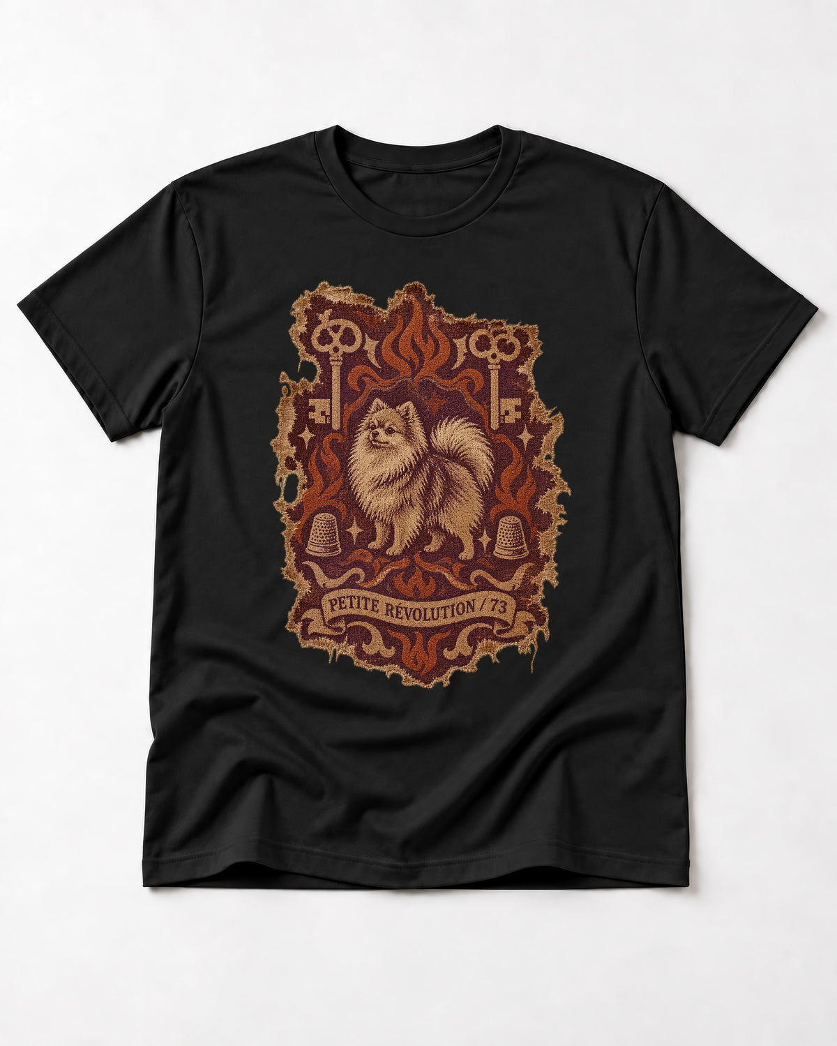 Pomeranian Petite Revolution Ornate Key Emblem Graphic T-Shirt in Black, flat lay product photo