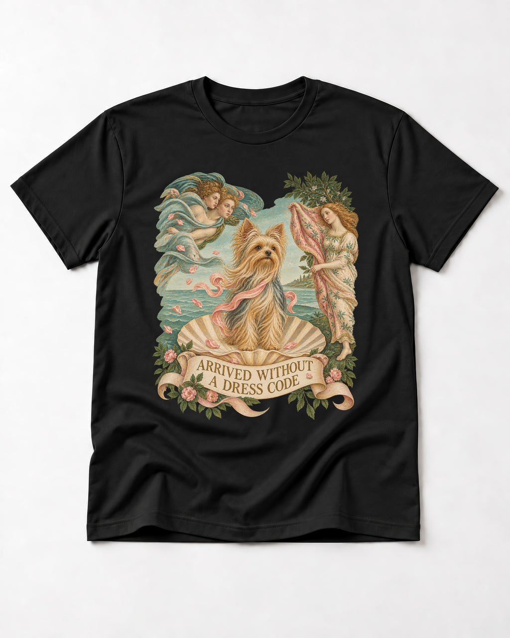 Yorkshire Terrier Arrived Without a Dress Code Venus Graphic T-Shirt in Black, flat lay product photo