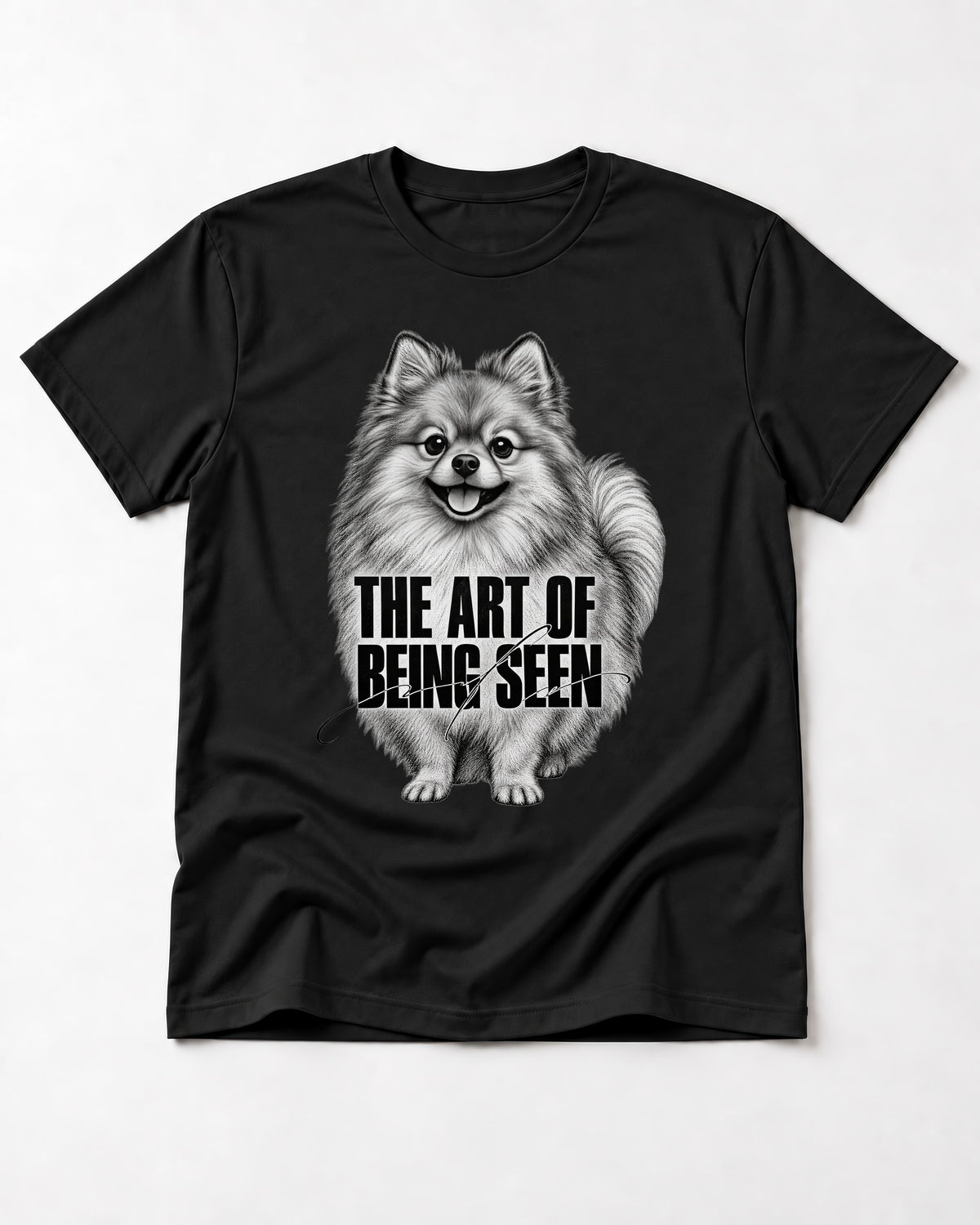 Pomeranian The Art of Being Seen Portrait Graphic T-Shirt in Black, flat lay product photo